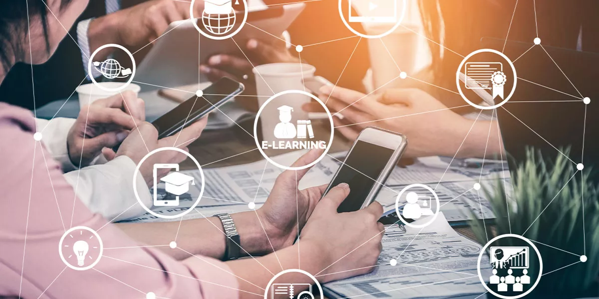 Grafische Schnittstelle, die die Technologie des digitalen Lehrgangs zeigt, damit die Teilnehmer von überall aus lernen können