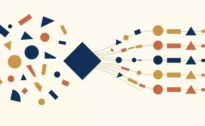 Illustration: Ein Magnet zieht verschiedene geometrische Formen an, die sich entlang seiner Feldlinien ausrichten