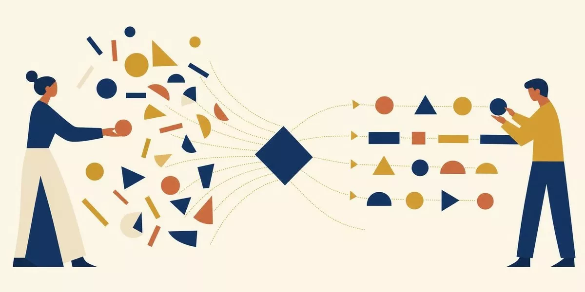 Zwei stilisierte Figuren richten gemeinsam verschiedene geometrische Formen aus, die ein Magnet zwischen ihnen anzieht