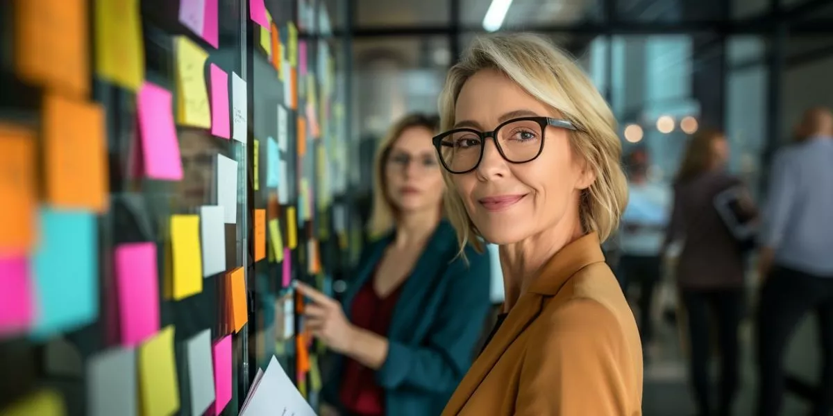 Eine Businessfrau steht vor einem Kanban Board und lächelt in die Kamera