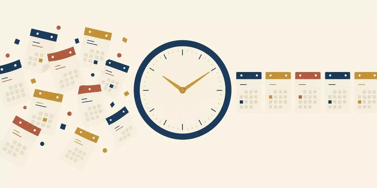 Illustration: schwebende Kalenderblätter und eine große Uhr, zentral arrangiert, die sich aus lockerem Schweben zu einer geordneten, gleichmäßig getakteten Reihe fügen