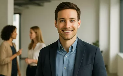 ein Konfliktmanager steht lächeln in einem Büro, im Hintergrund diskutieren zwei Kolleginnen angeregt