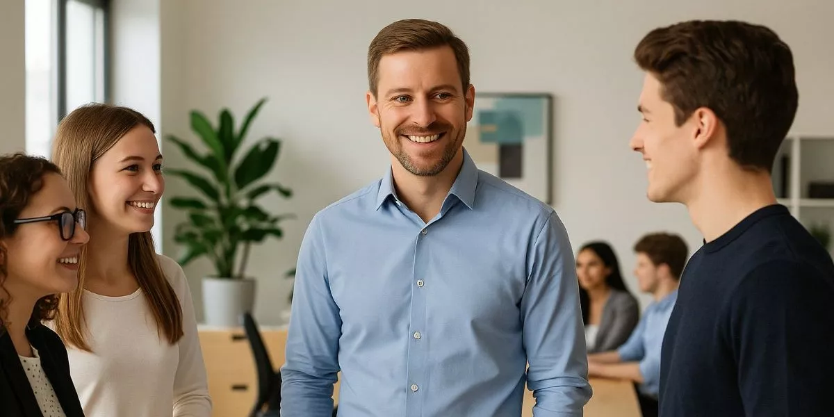 ein Ausbilder steht lächelnd mit drei Auszubildenden in einem Büro