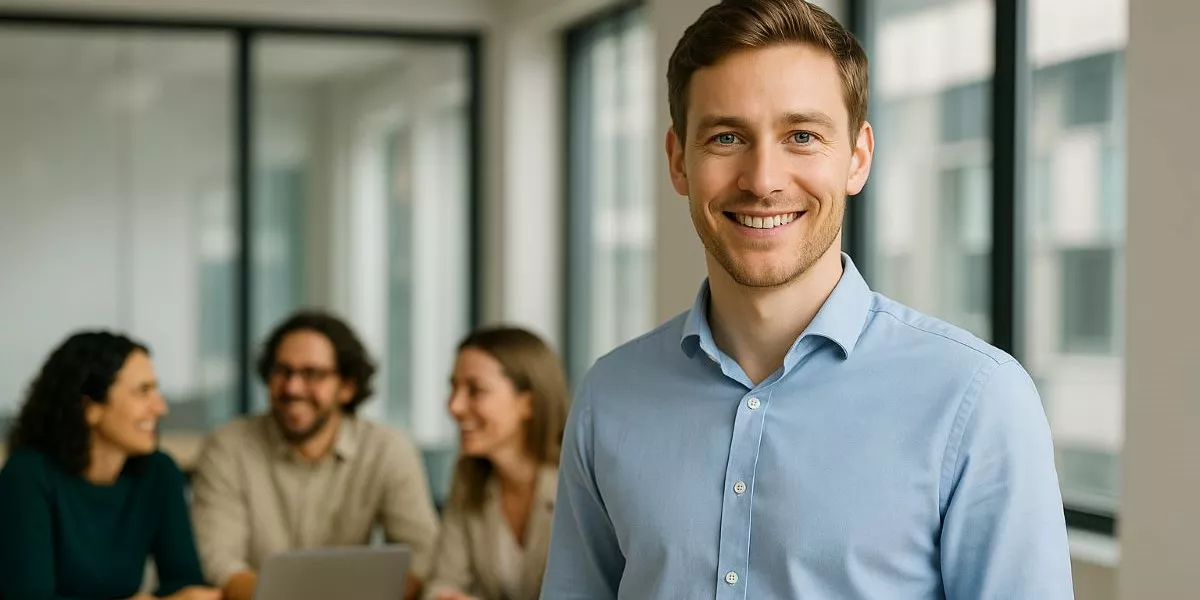 Ein Innovation Manager steht in einem modernen Büro, sein Team arbeitet im Hintergrund