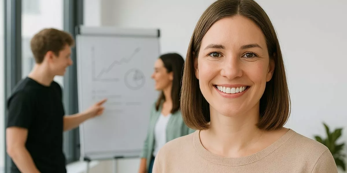 eine Ausbilderin lächelt in der Kamera, zwei Azubis analysieren ein Projekt im Hintergrund am Flipchart