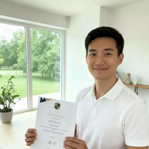 Mann mit schranzen kurzen haaren in hellblauem Hemd