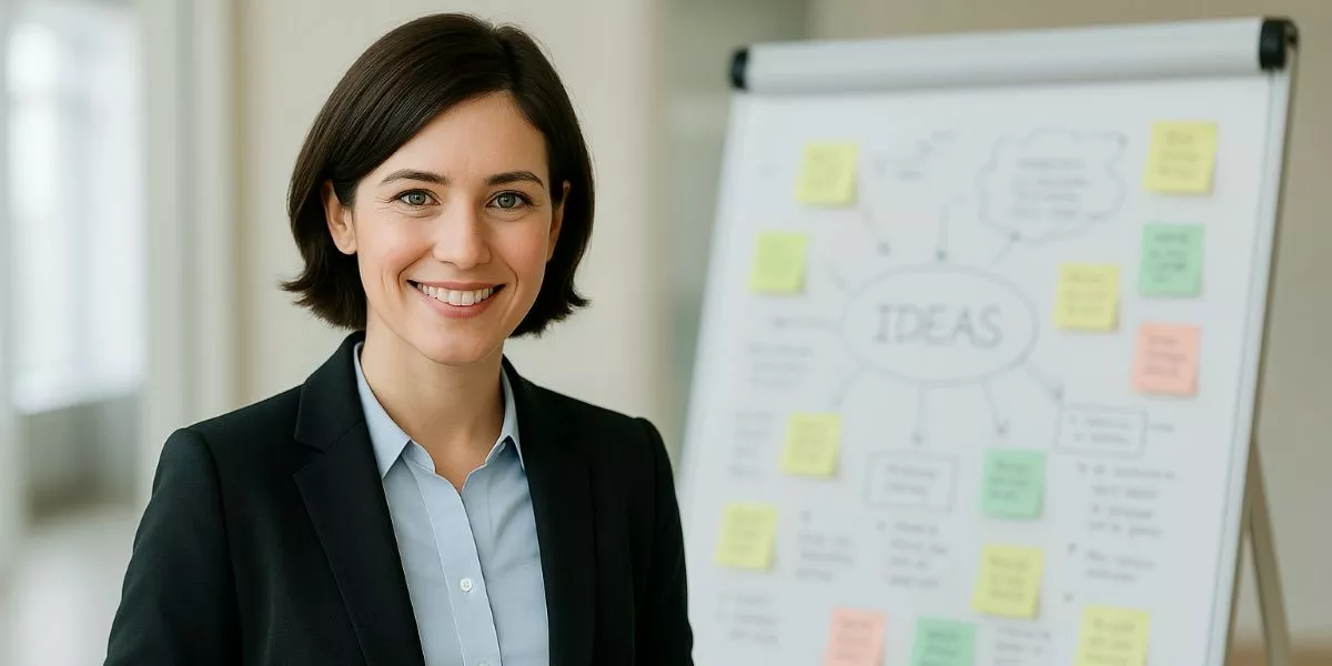 eine Innovationsmanagerin steht vor einem Flipchart mit skizzierten Ideen