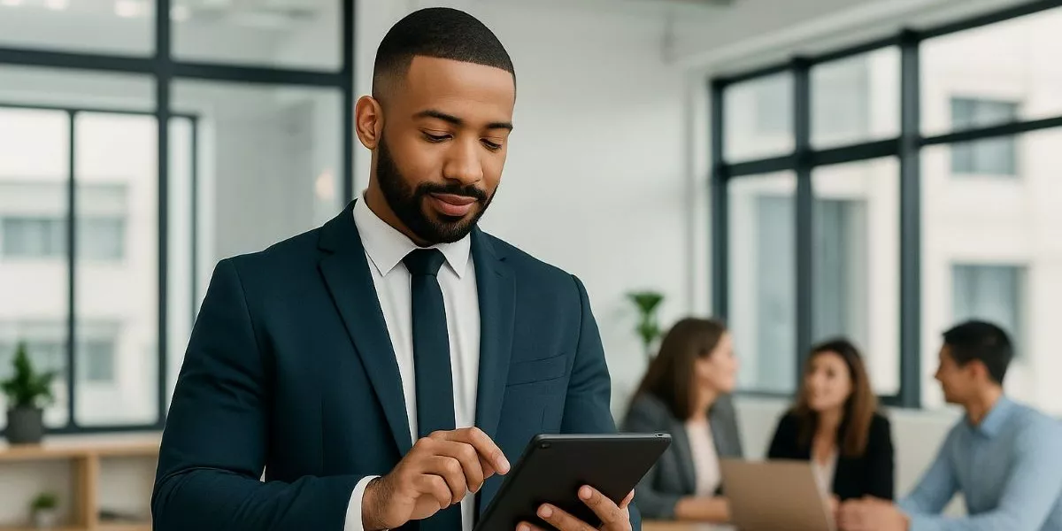 ein Innovationsmanager guckt lächelnd auf sein Tablet in einem modernen Büro