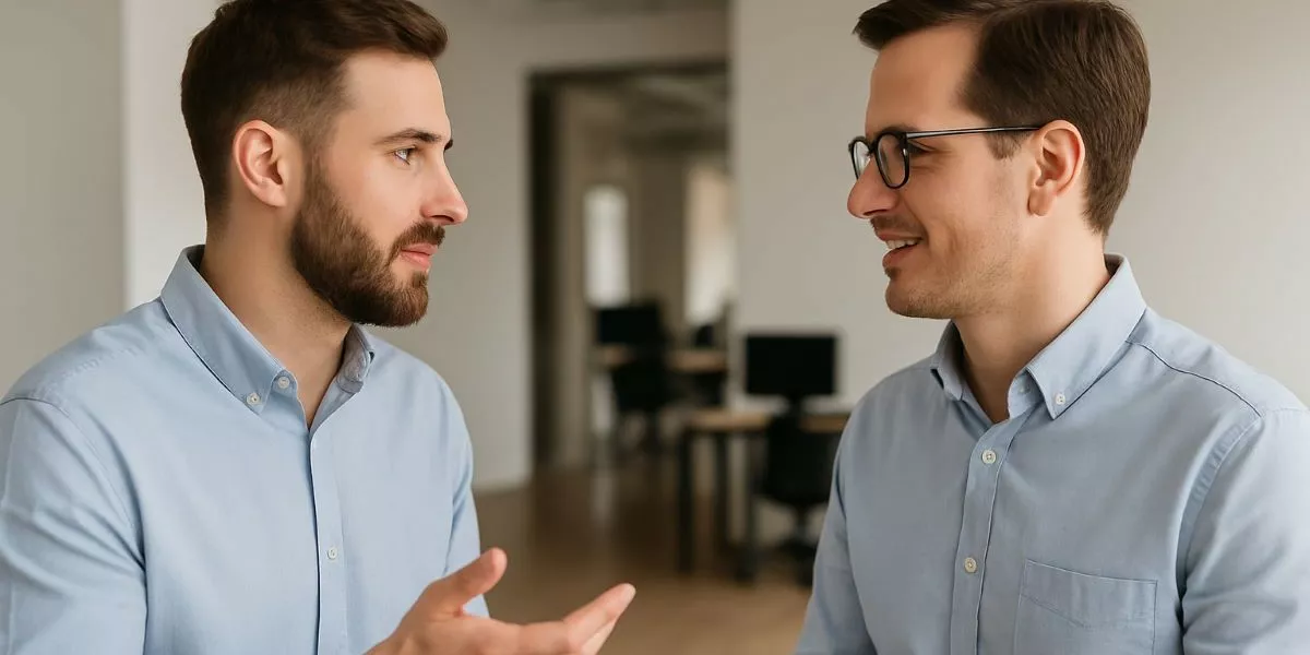 zwei Kollegen diskutieren freundlich miteinander