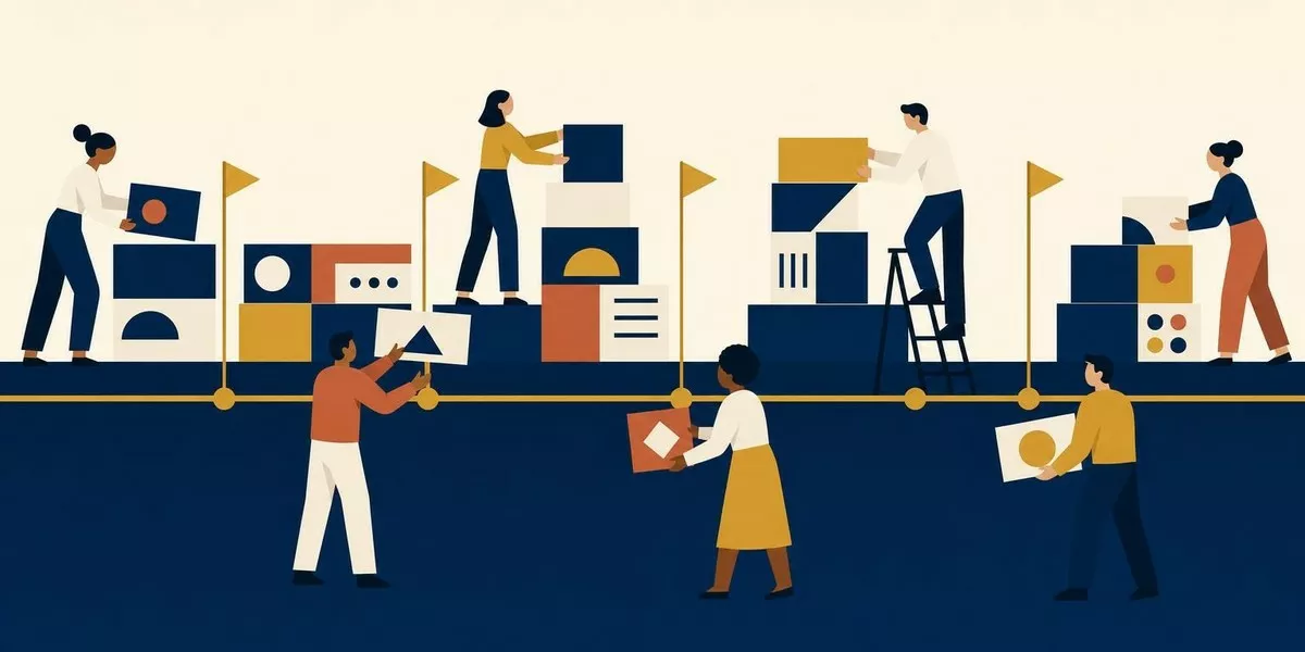 Illustration: eine Zeitachse mit Meilenstein-Fahnen, entlang derer Planungselemente ausgewogen angeordnet sind