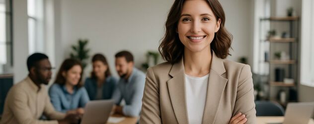 eine Agile Projektmanagerin steht in einem modernen Büro und lächelt in die Kamera