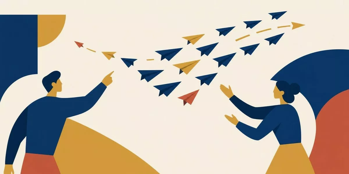 Illustration: Zwei Figuren lenken einen Schwarm Papierflieger gemeinsam in eine neue Richtung, während einzelne Flieger noch in die alte Richtung ausscheren