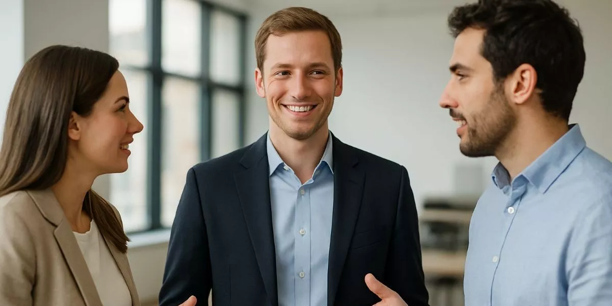 eine Führungskraft managt lächelnd eine Diskussion zwischen zwei Kollegen