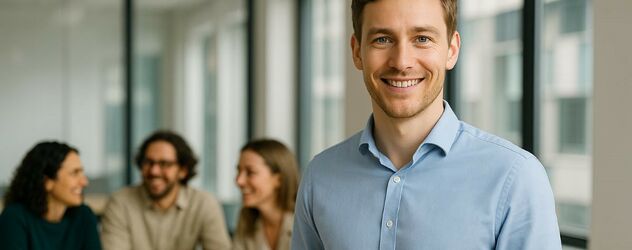 Ein Innovation Manager steht in einem modernen Büro, sein Team arbeitet im Hintergrund