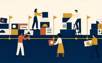 Illustration: eine Zeitachse mit Meilenstein-Fahnen, entlang derer Planungselemente ausgewogen angeordnet sind