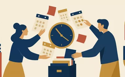 Person plant am Schreibtisch mit einem Wochenplan und Kalender, der in viele kurze, dicht getaktete Zeitblöcke aufgeteilt ist