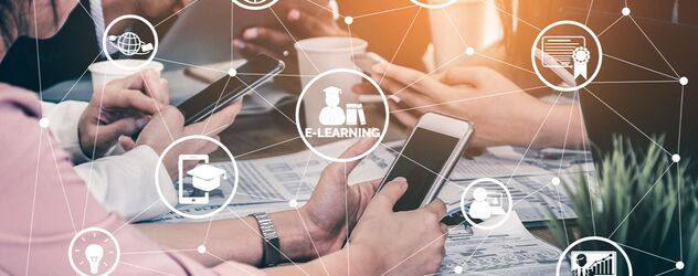Grafische Schnittstelle, die die Technologie des digitalen Lehrgangs zeigt, damit die Teilnehmer von überall aus lernen können