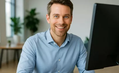 ein Mann sitzt lächelnd vor einem Monitor und macht die Ausbildereignungsprüfung online