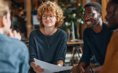 ein Team sitzt entspannt und lächelnd im Meeting und bespricht Innovationsideen