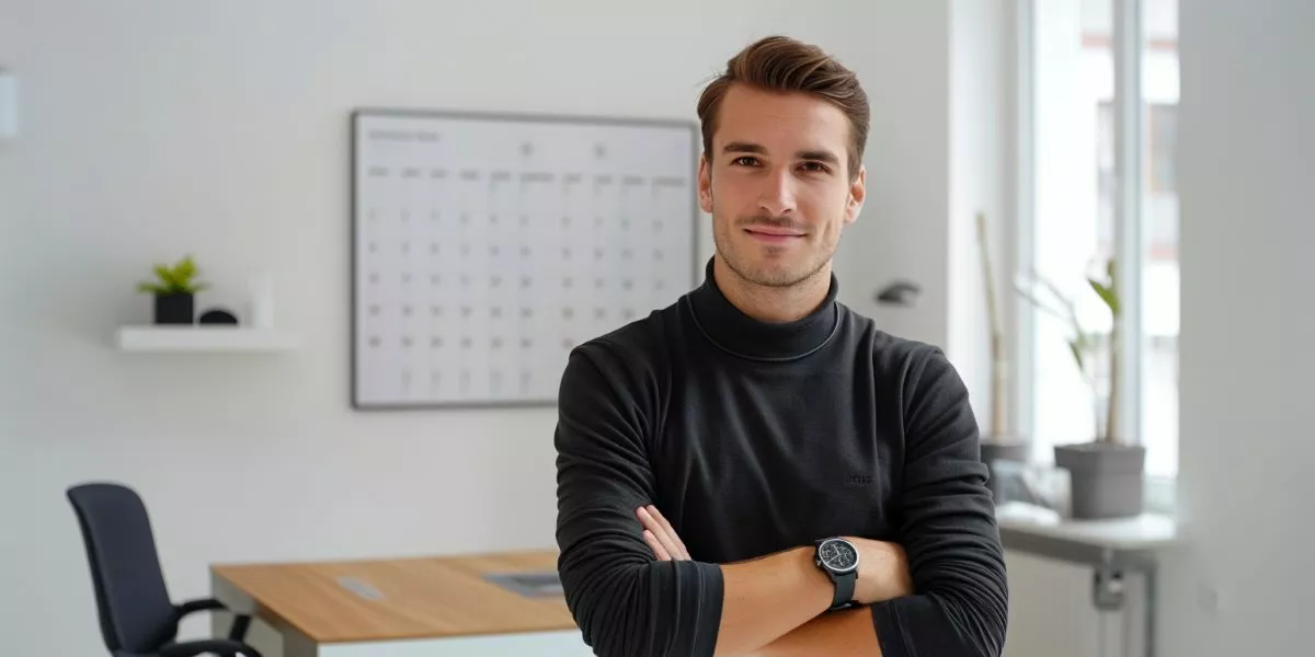 ein Businessmann steht in einem Büro vor einem Kalendar