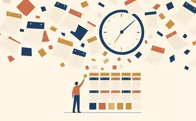 Illustration: Eine kleine stilisierte Figur greift in eine weite Szene, über der raumgreifend schwebende Kalenderblätter und eine große Uhr sich zu einer geordneten Anordnung fügen