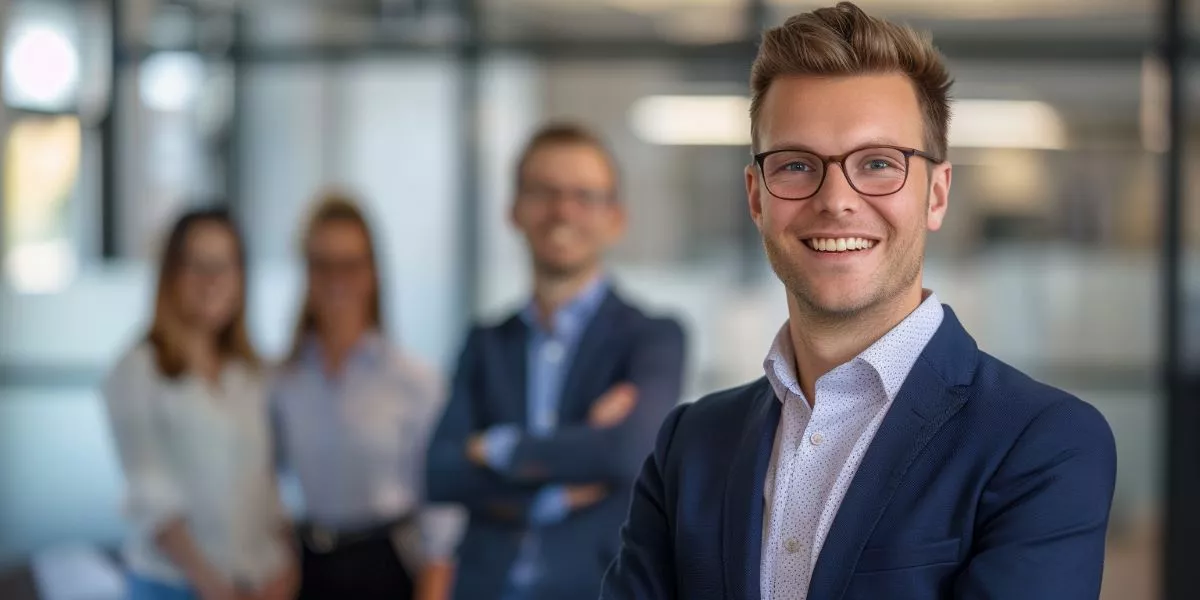ein Agile Leader steht lächelnd vor seinem Team