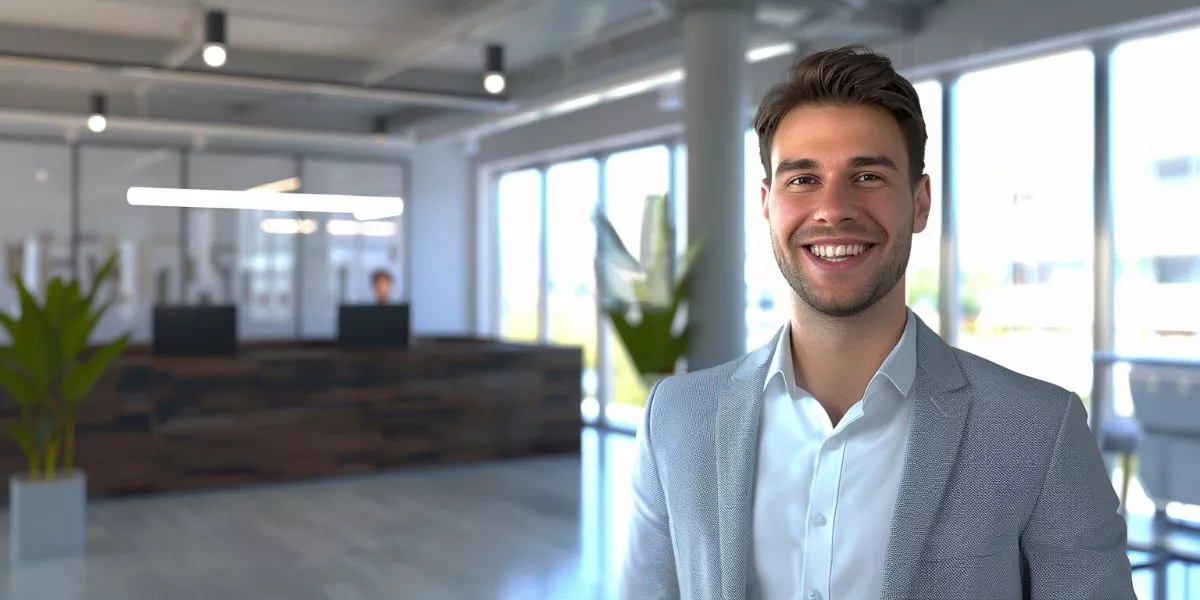 Projektmanager steht im Eingangsbereich eines Unternehmens