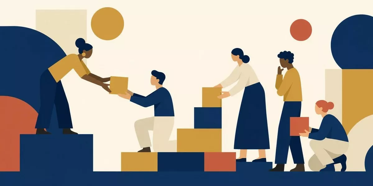 Illustration: mehrere stilisierte Figuren reichen einander Bausteine weiter und ordnen sie gemeinsam zu einer ansteigenden Reihe