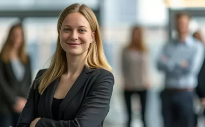 eine Businessfrau steht im Daily Standup vor ihrem Team und lächelt in die Kamera