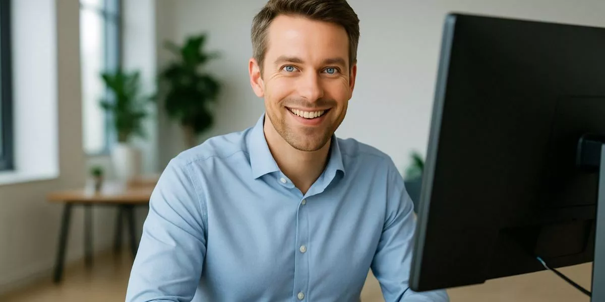 ein Mann sitzt lächelnd vor einem Monitor und macht die Ausbildereignungsprüfung online
