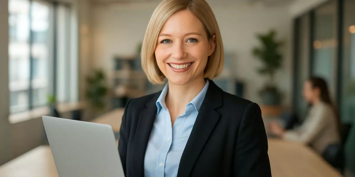 eine Projektmanagerin steht in einem modern Büro und lächelt in die Kamera