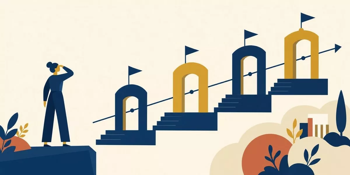 Illustration: Eine stilisierte Figur im linken Drittel, von ihr aus entfaltet sich nach rechts eine Zeitachse mit Meilenstein-Fahnen, die durch gestaffelte, abstrakte Tor-Stufen führt