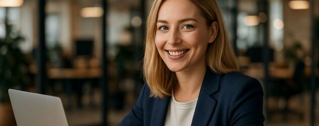 eine Marketing Managerin sitzt an ihrem Laptop und lächelt in die Kamera