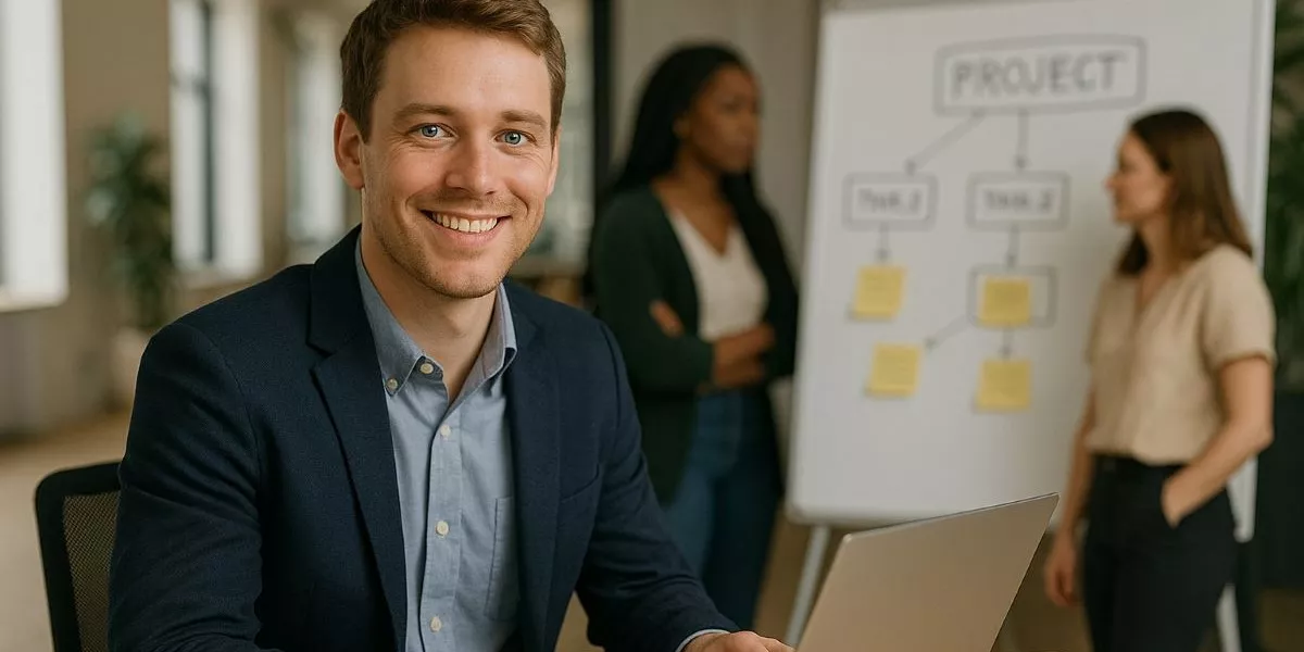 ein Businessmann macht eine Weiterbildung Projektmanagement berufsbegleitend am Laptop