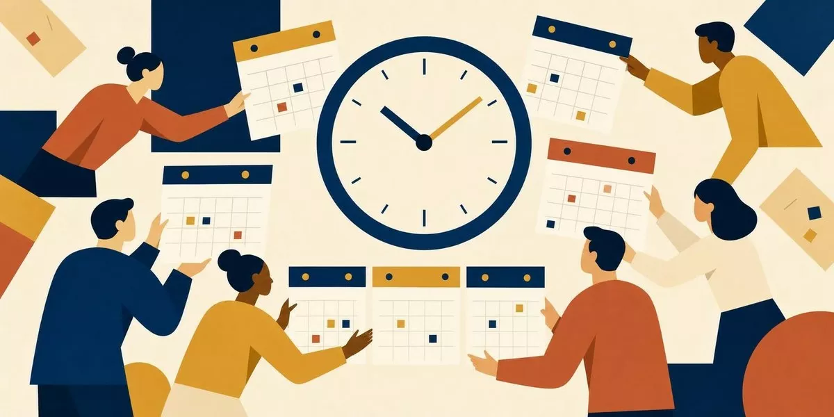 Illustration: mehrere stilisierte Figuren fangen schwebende Kalenderblätter ein und ordnen sie gemeinsam um eine große Uhr