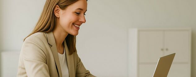 eine junge Businessfrau sitzt lächelnd im Büro und macht den AEVO Kurs online