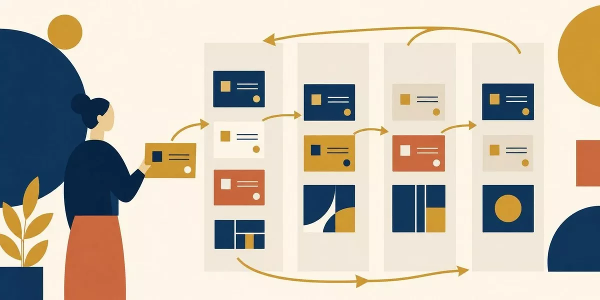Team an einem in klare Spalten gerasterten, benutzten Kanban-Board, das Aufgabenkarten von Backlog bis Fertig verschiebt