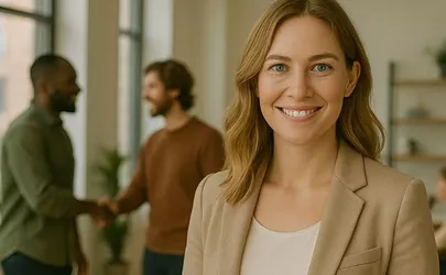 eine Businessfrau steht in einem modernen Büro, im Hintergrund geben sich zwei Kollegen die Hände