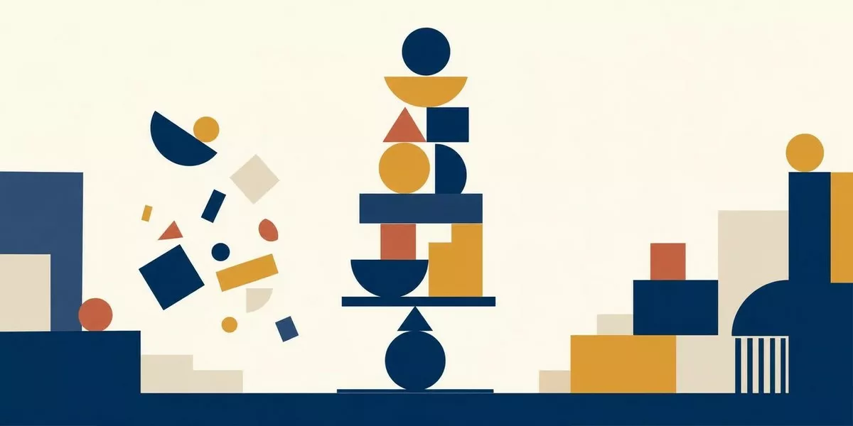 Illustration: mehrere schwebende geometrische Formen, die sich um eine zentrale Achse ausbalancieren und zu einer geordneten, gestaffelten Anordnung finden