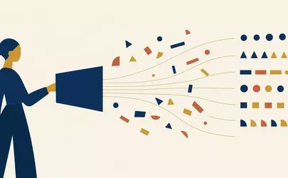 Illustration: Eine stilisierte Figur richtet nach rechts verschiedene geometrische Formen aus, die ein Magnet anzieht und entlang seiner Feldlinien ordnet