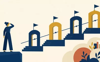 Illustration: Eine stilisierte Figur im linken Drittel, von ihr aus entfaltet sich nach rechts eine Zeitachse mit Meilenstein-Fahnen, die durch gestaffelte, abstrakte Tor-Stufen führt