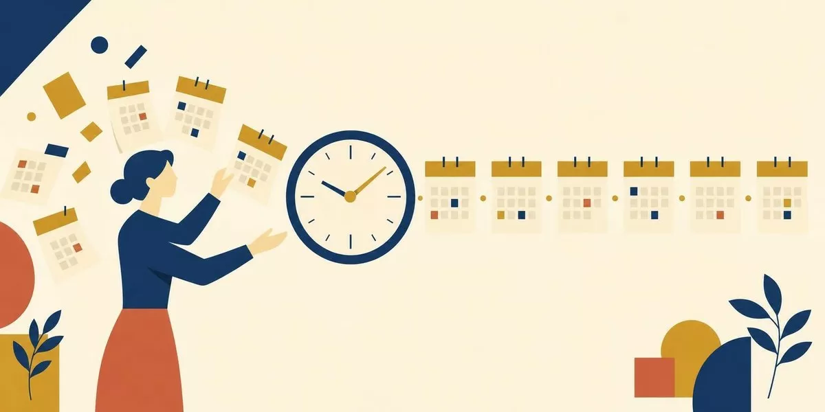 Illustration: Eine stilisierte Figur im linken Drittel, von ihr aus entfalten sich nach rechts schwebende Kalenderblätter und eine große Uhr, die sich zu einer geordneten, gleichmäßigen Reihe fügen