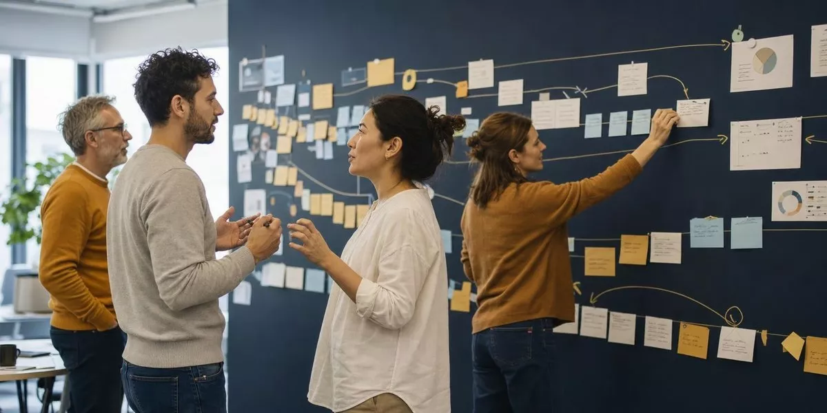 Ein Team an einer Prozesswand bespricht einen Veränderungsprozess, der in drei unterschiedlich getakteten Strängen verläuft