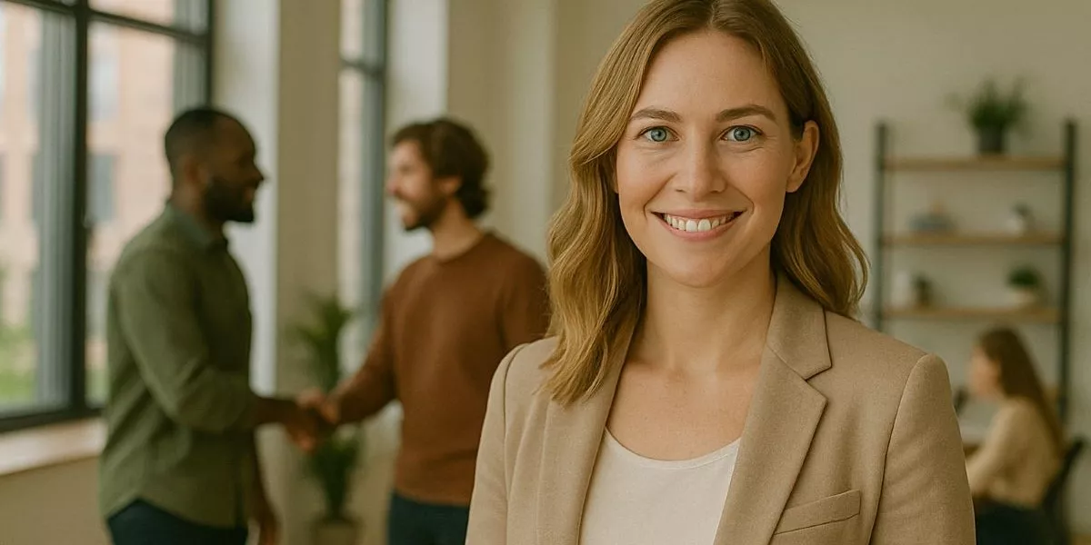 eine Businessfrau steht in einem modernen Büro, im Hintergrund geben sich zwei Kollegen die Hände
