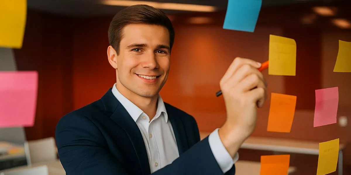 ein Innovationsmanager steht an einem gläsernen Chart in schreibt etwas auf ein Post-it