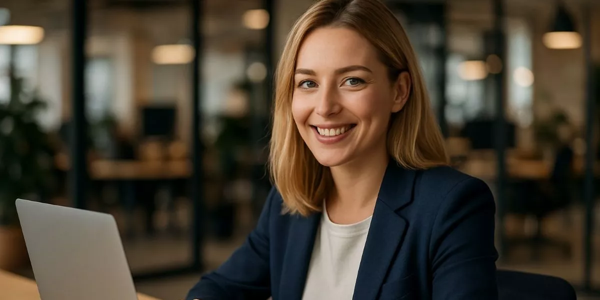 eine Marketing Managerin sitzt an ihrem Laptop und lächelt in die Kamera