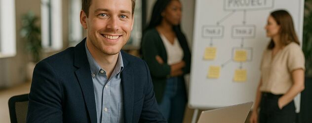ein Businessmann macht eine Weiterbildung Projektmanagement berufsbegleitend am Laptop