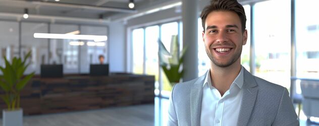 Projektmanager steht im Eingangsbereich eines Unternehmens