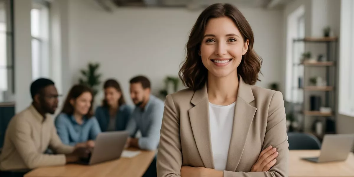 eine Agile Projektmanagerin steht in einem modernen Büro und lächelt in die Kamera