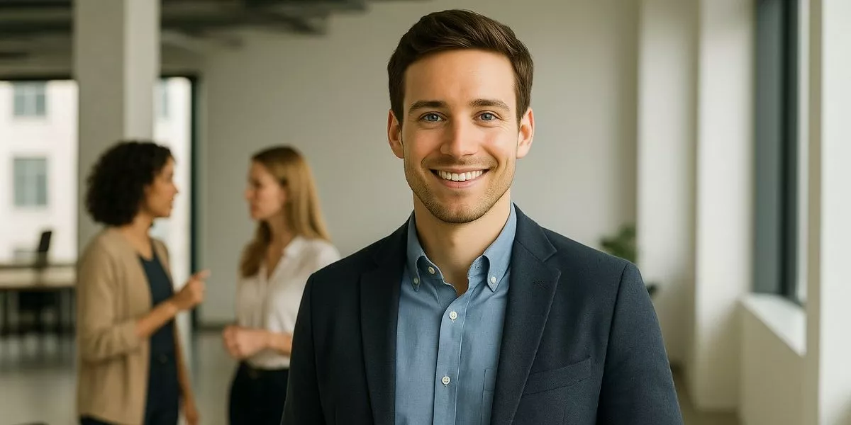 ein Konfliktmanager steht lächeln in einem Büro, im Hintergrund diskutieren zwei Kolleginnen angeregt